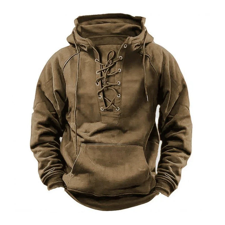 Men's Solid Color Long Sleeve Hoodie with Kangaroo Pocket - Casual Outdoor Lace-Up Style