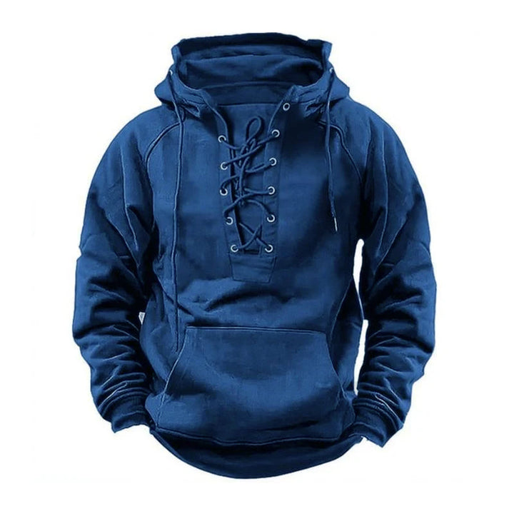 Men's Solid Color Long Sleeve Hoodie with Kangaroo Pocket - Casual Outdoor Lace-Up Style