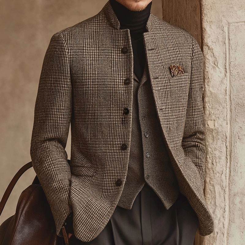 Men's Vintage-Inspired Tweed Plaid Stand Collar Jacket - MTA1165K3TO