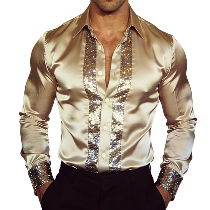 Men's Vintage-Inspired Satin Sequin Patchwork Long Sleeve Shirt with Lapel - Model MTA1729L6TO
