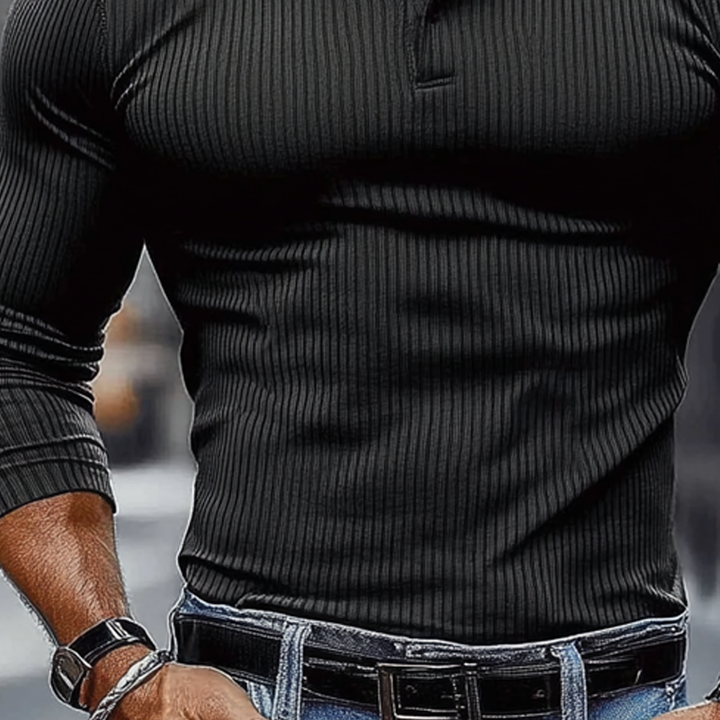 Men's Long-Sleeved Striped Textured Polo Shirt with Elastic - MTA1139J2X