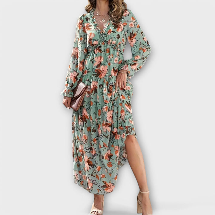 Vestido Maxi Floral Elegante de Manga Larga