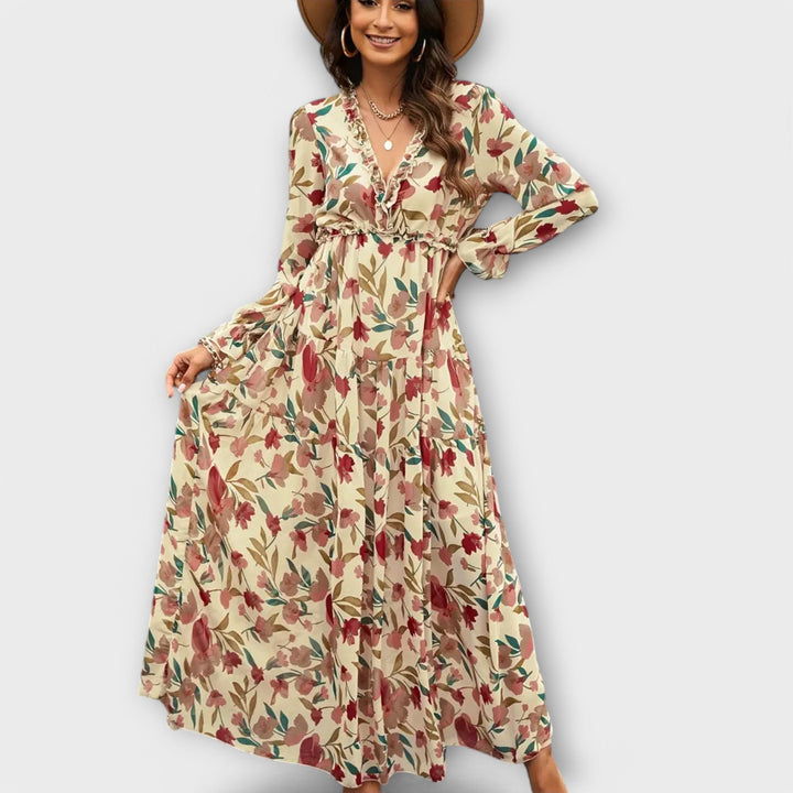 Vestido Maxi Floral Elegante de Manga Larga