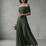 Eugenia | Vestido Midi Drapado con Hombros Descubiertos