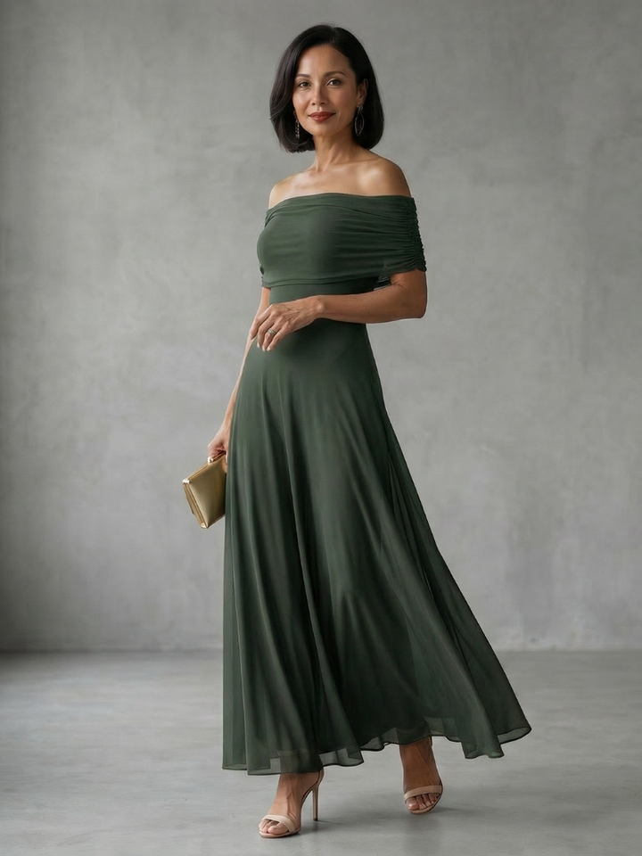 Eugenia | Vestido Midi Drapado con Hombros Descubiertos