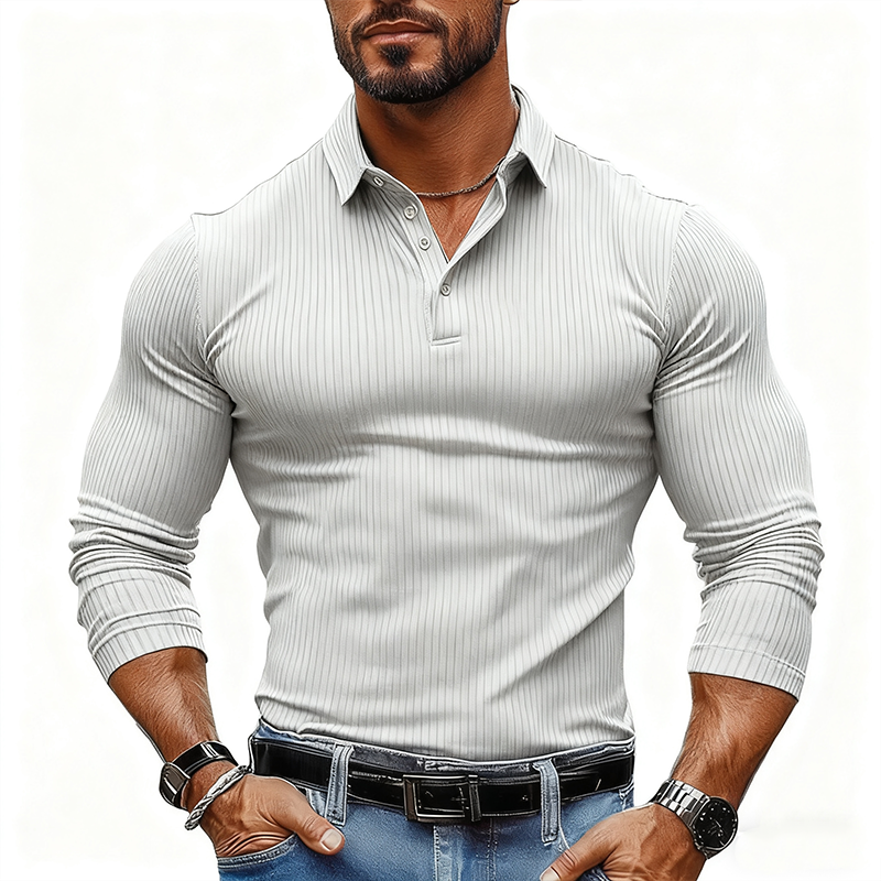 Men's Long-Sleeved Striped Textured Polo Shirt with Elastic - MTA1139J2X