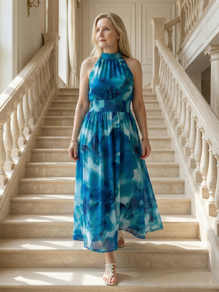 Constanza | Vestido Midi con Cuello Halter Fruncido