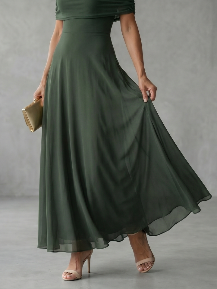 Eugenia | Vestido Midi Drapado con Hombros Descubiertos