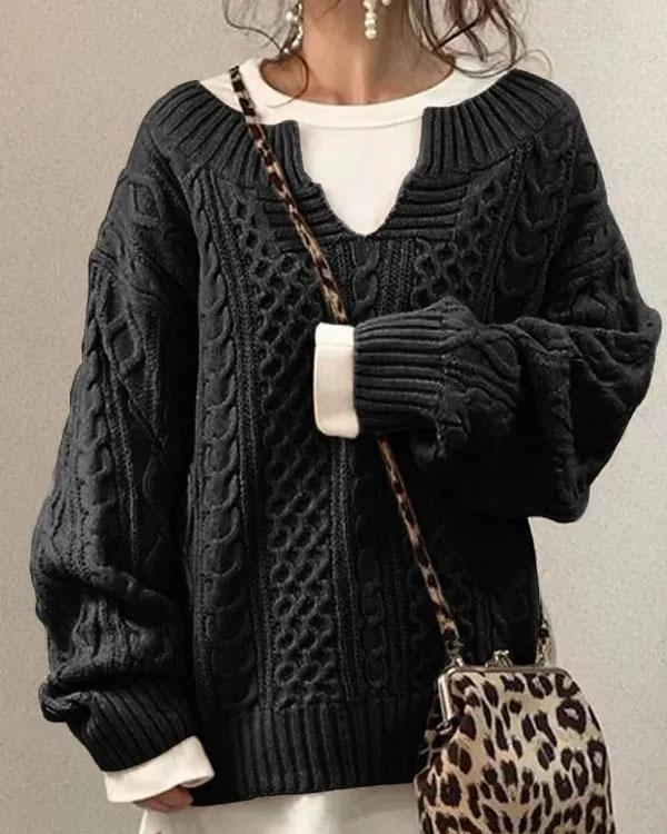 Suéter elegante de punto trenzado con cuello en V para un estilo diario