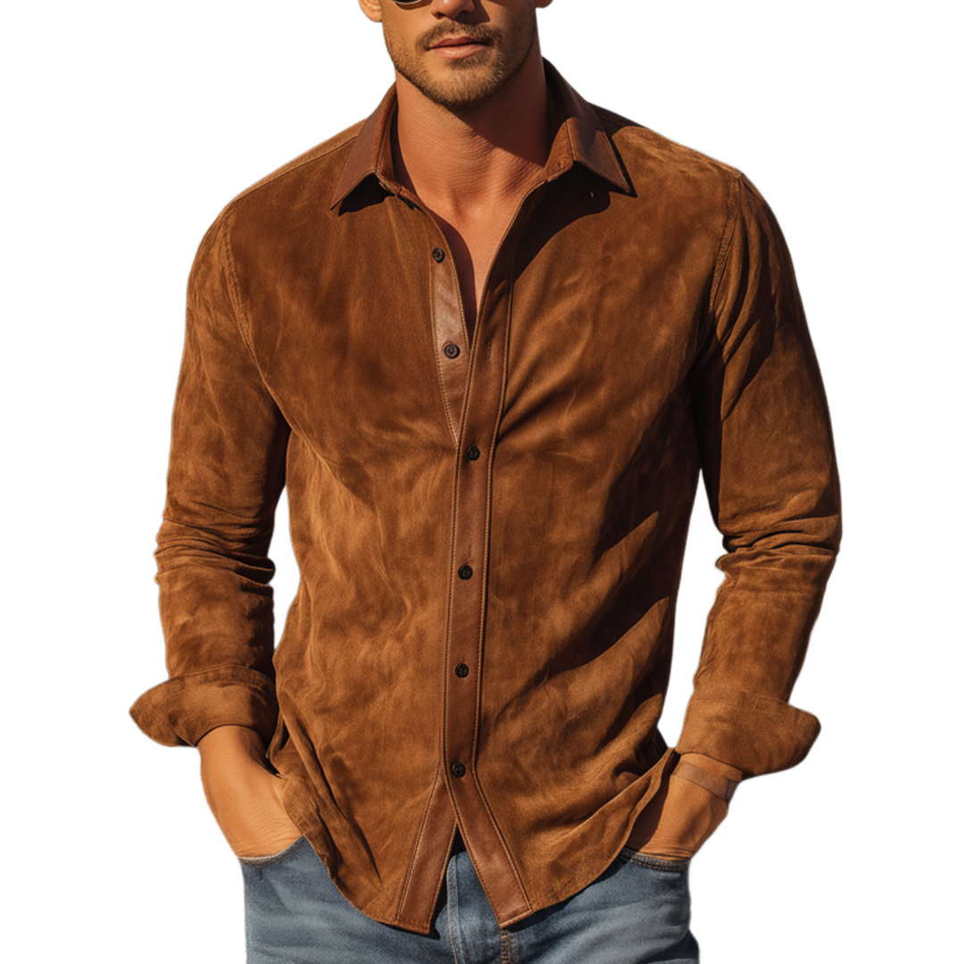Men's Slim-Fit Classic Western PU Leather Lapel Long-Sleeve Shirt in Faux Suede - Model MTA1690L3K