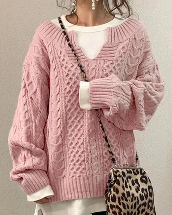 Suéter elegante de punto trenzado con cuello en V para un estilo diario
