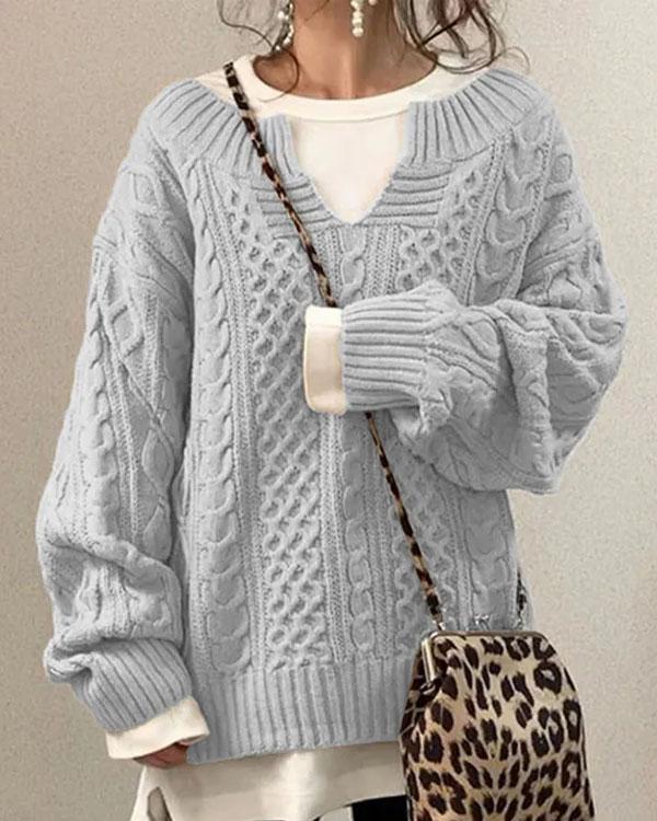 Suéter elegante de punto trenzado con cuello en V para un estilo diario