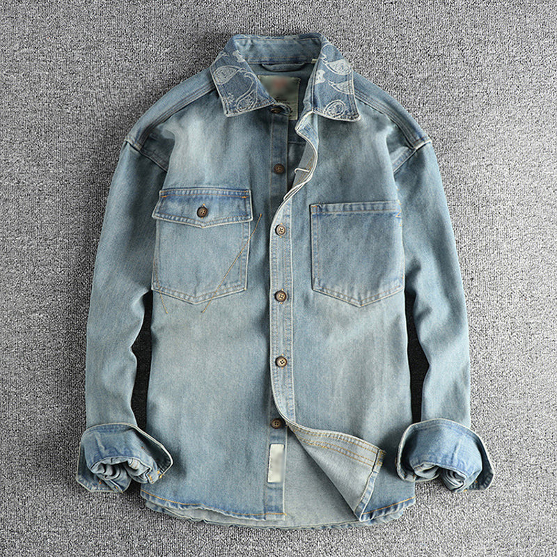 Men's Vintage Washed Denim Shirt with Cashew Flower Embroidery - Long Sleeve Style 40220583M
