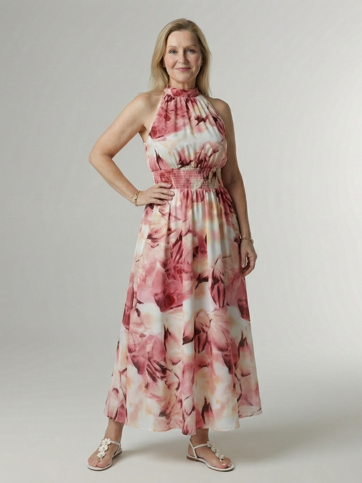Constanza | Vestido Midi con Cuello Halter Fruncido