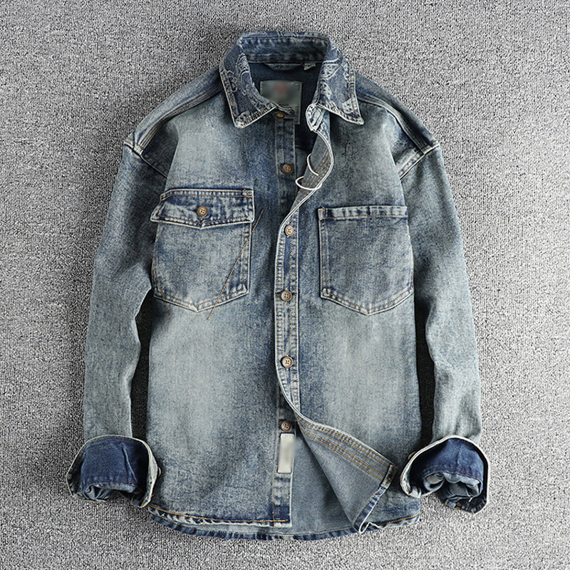 Men's Vintage Washed Denim Shirt with Cashew Flower Embroidery - Long Sleeve Style 40220583M