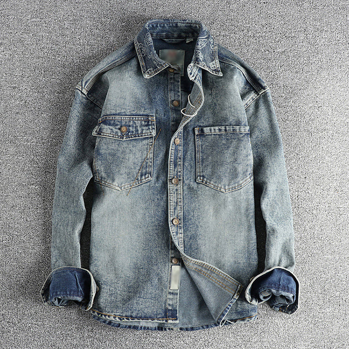 Men's Vintage Washed Denim Shirt with Cashew Flower Embroidery - Long Sleeve Style 40220583M