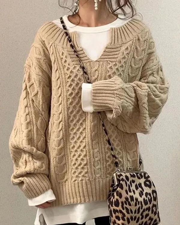 Suéter elegante de punto trenzado con cuello en V para un estilo diario