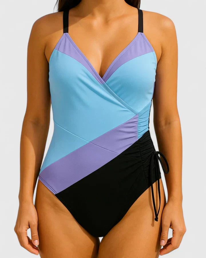 Bañador de una pieza de rayas con frente drapeado para mujer