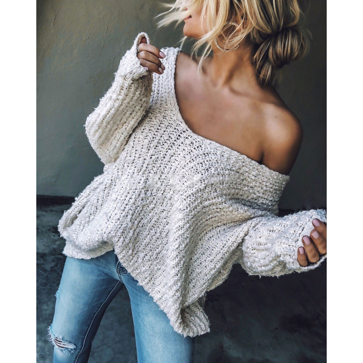 GABBY™ – Lightweight V-Neck Long Sleeve Sweater with Drop Shoulders