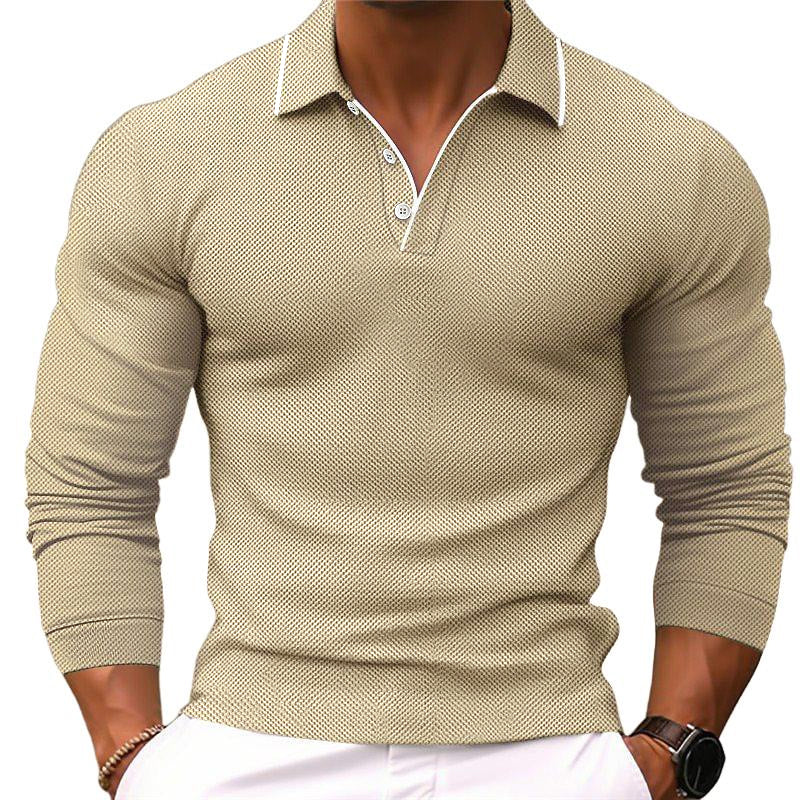 Men's Slim Fit Solid Color Cotton Blend Long Sleeve Polo Shirt with Lapel - 24-Hour Shipping Available (Model 54171993Y)