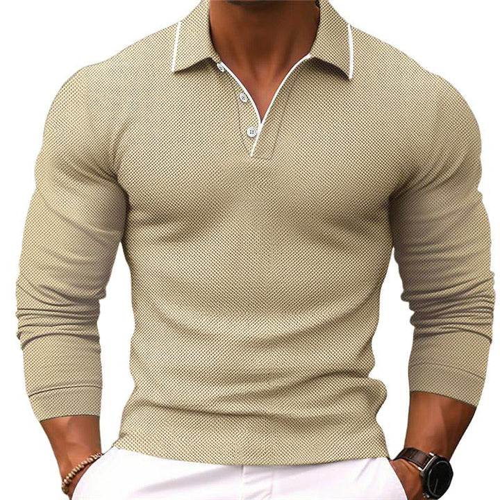 Men's Slim Fit Solid Color Cotton Blend Long Sleeve Polo Shirt with Lapel - 24-Hour Shipping Available (Model 54171993Y)