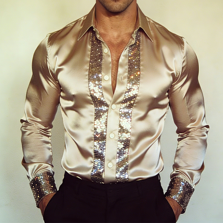 Men's Vintage-Inspired Satin Sequin Patchwork Long Sleeve Shirt with Lapel - Model MTA1729L6TO
