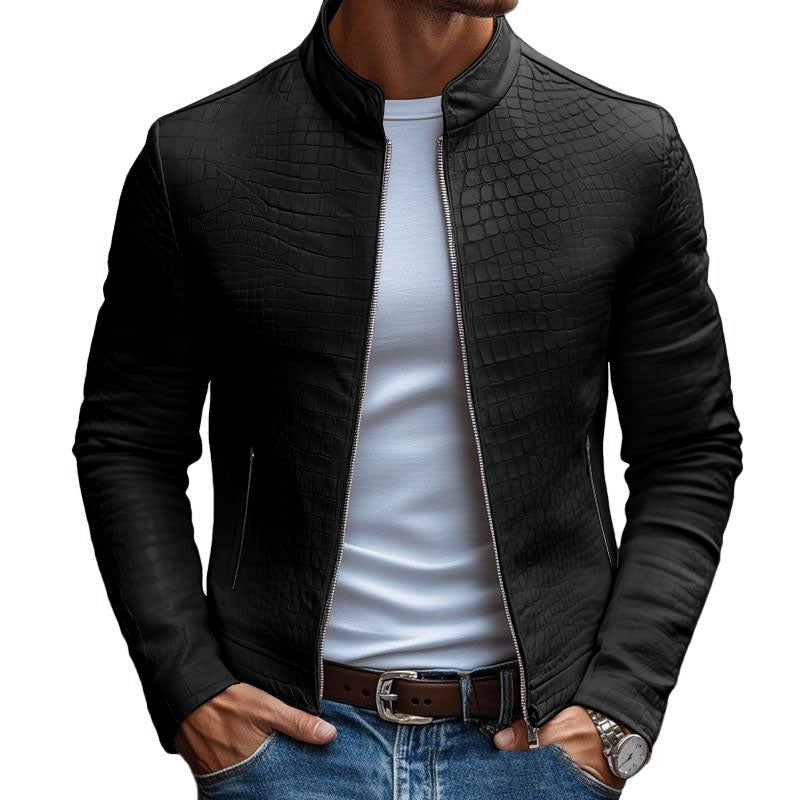 Men's Slim Fit Leather Jacket with Stone Pattern and Stand Collar