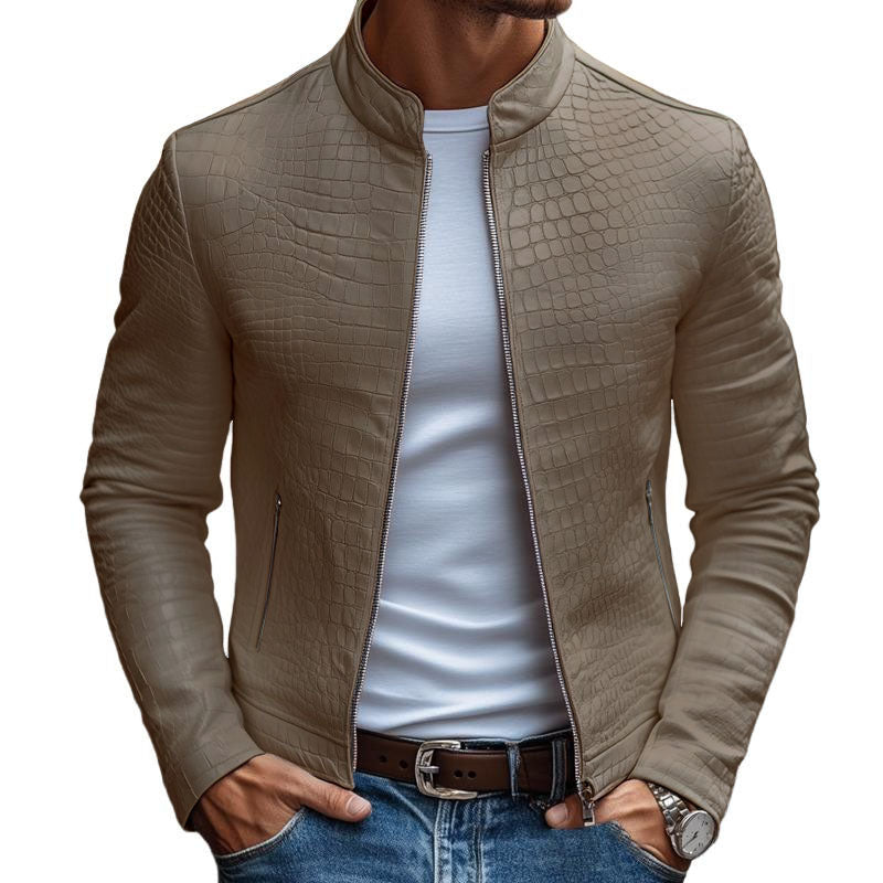 Men's Slim Fit Leather Jacket with Stone Pattern and Stand Collar