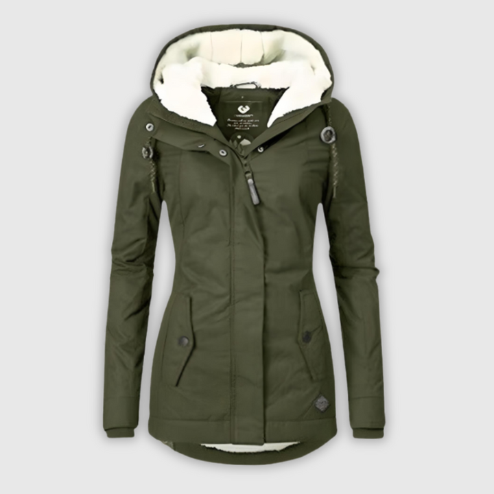 Lorena - Abrigo impermeable largo con capucha y forro