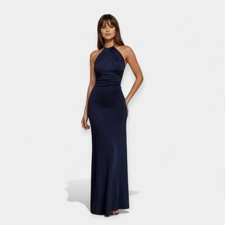 Vestido de Noche Maxi Halter Drapado con Espalda Abierta