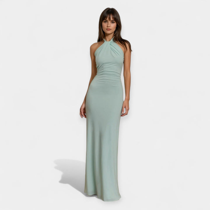 Vestido de Noche Maxi Halter Drapado con Espalda Abierta