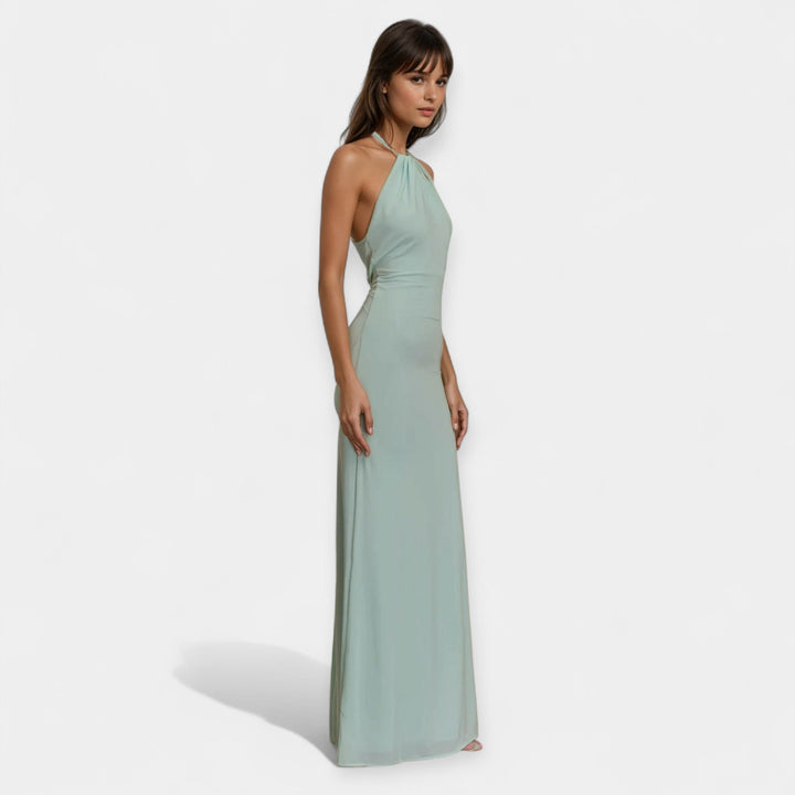 Vestido de Noche Maxi Halter Drapado con Espalda Abierta