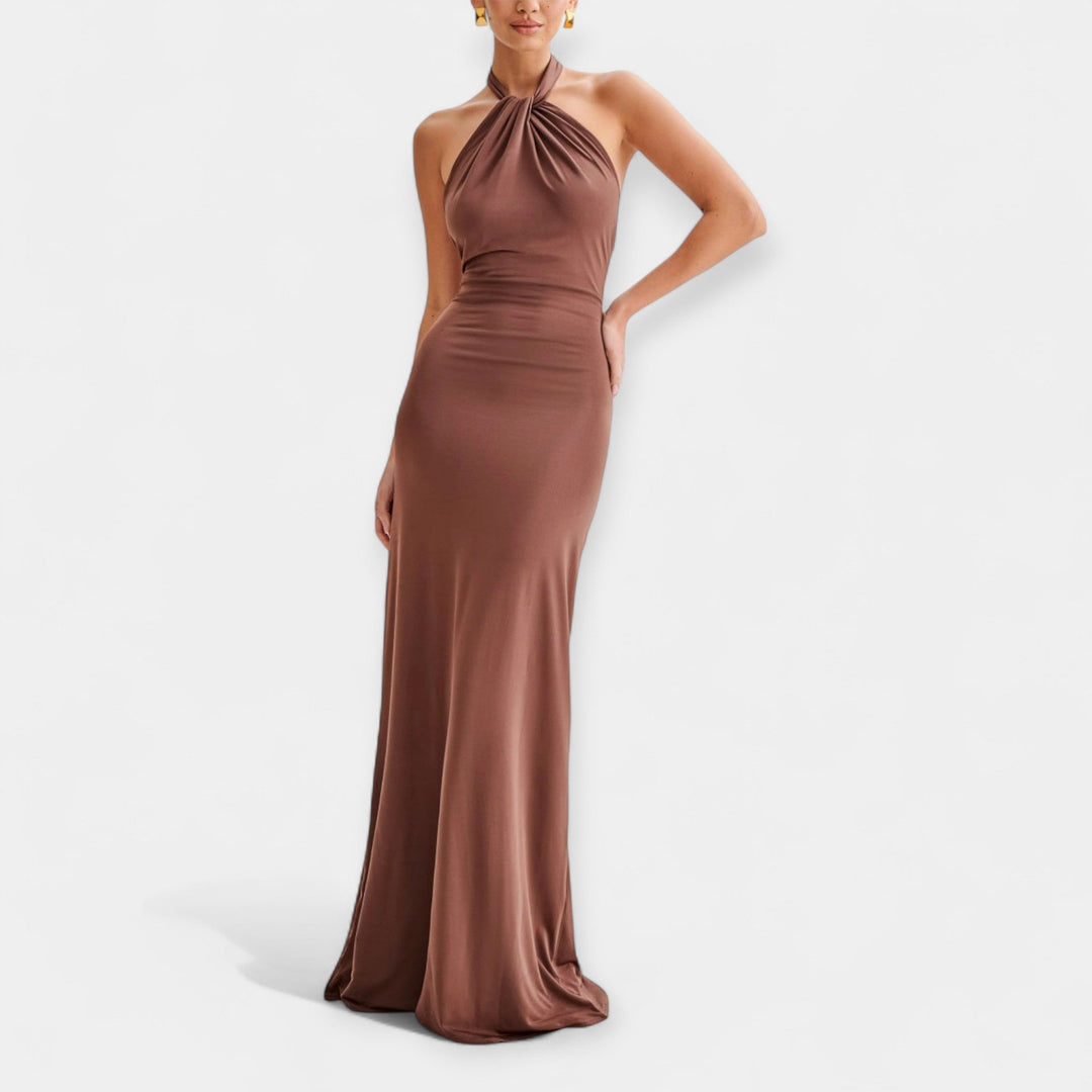 Vestido de Noche Maxi Halter Drapado con Espalda Abierta