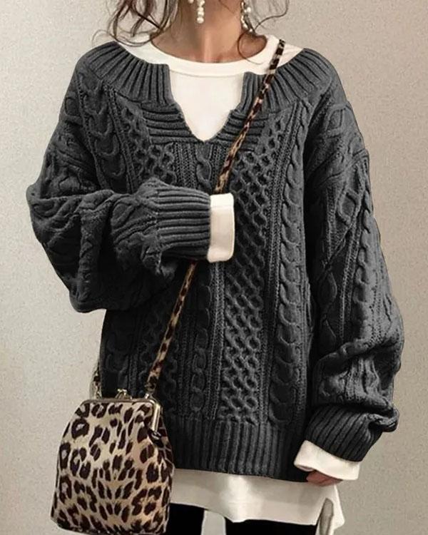 Suéter elegante de punto trenzado con cuello en V para un estilo diario