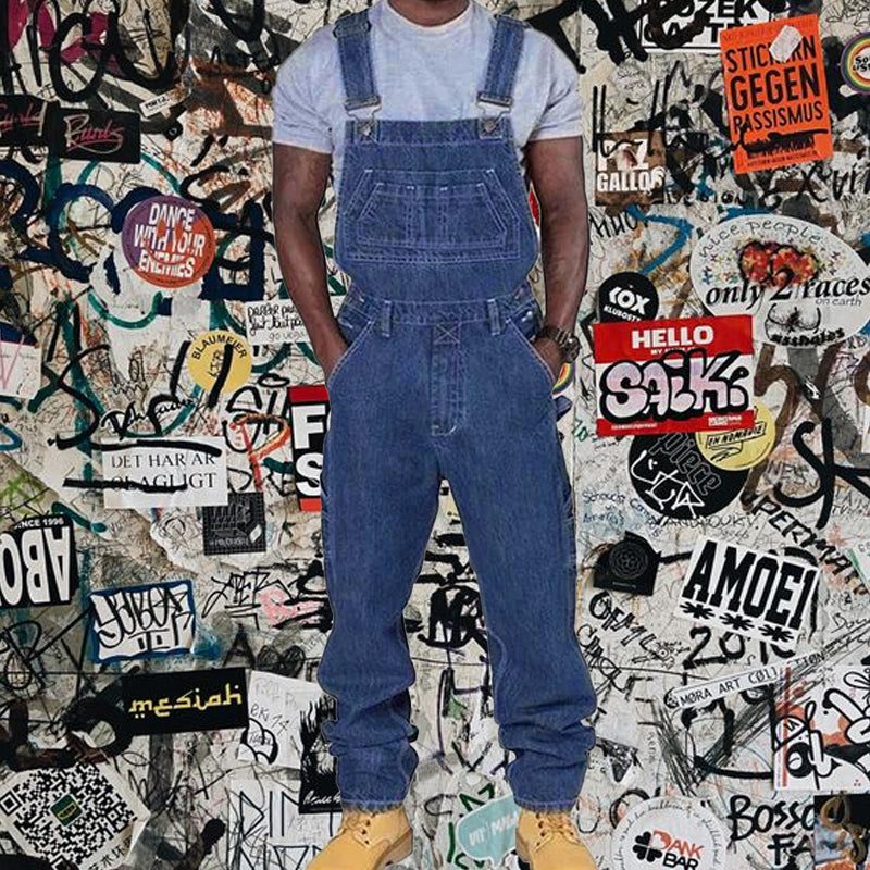 Men's Relaxed Fit Washed Denim Multi-Pocket Overalls