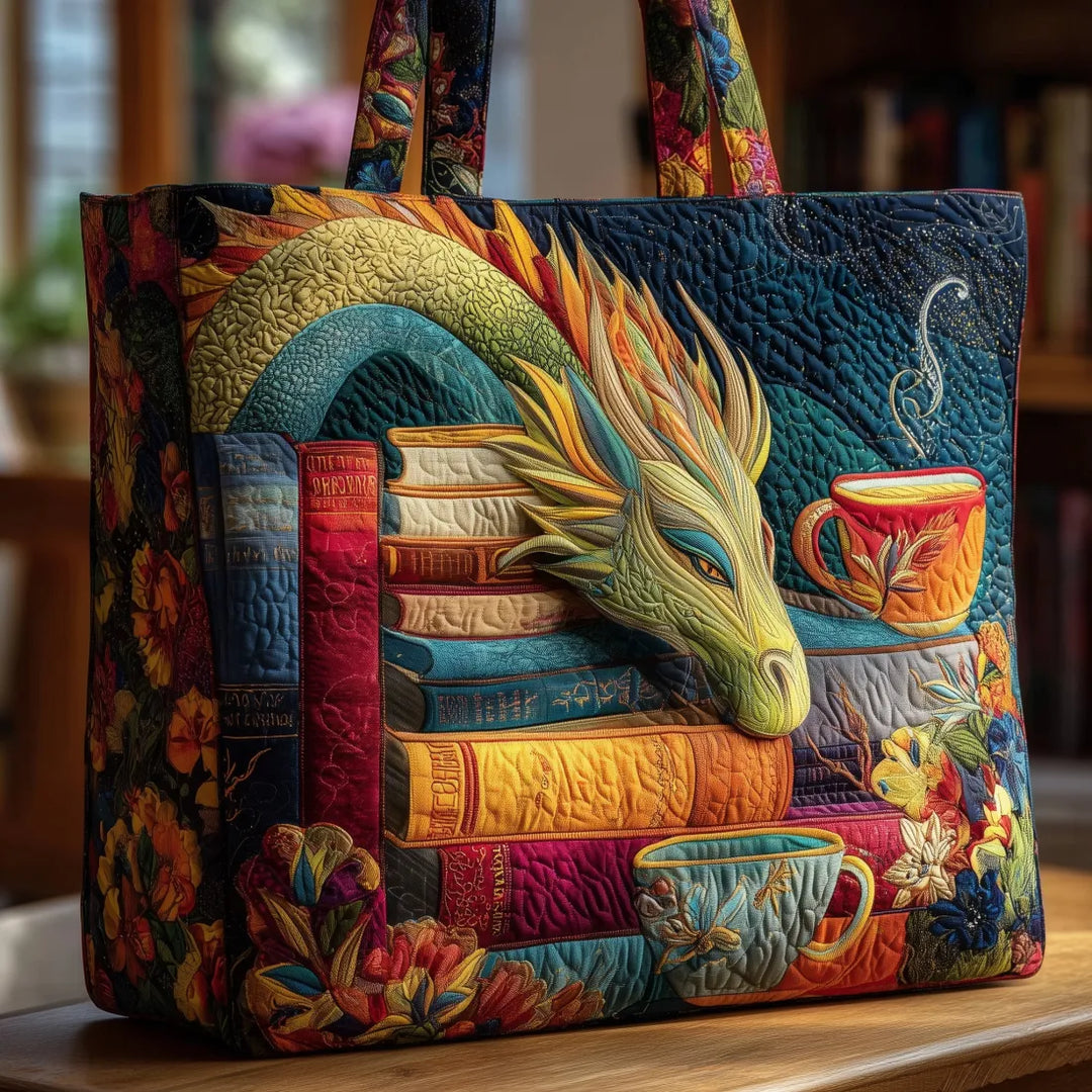 Bolso Artesanal - Dragón Lector de Libros y Tazas