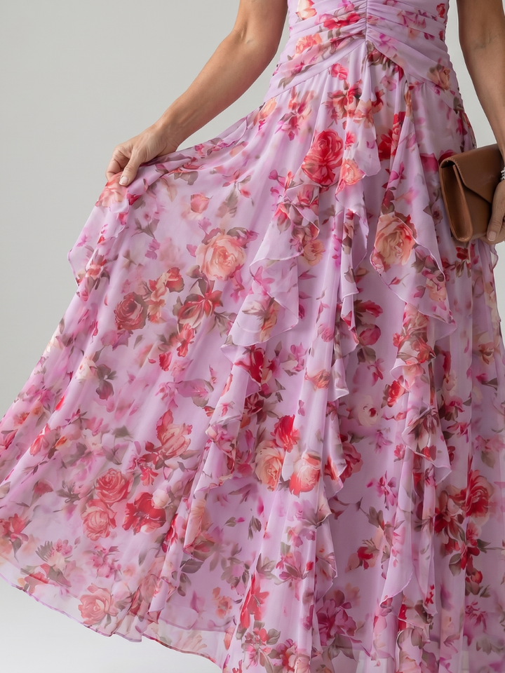 Teresa | Vestido Maxi Floral con Escote Halter y Cuerpo Fruncido