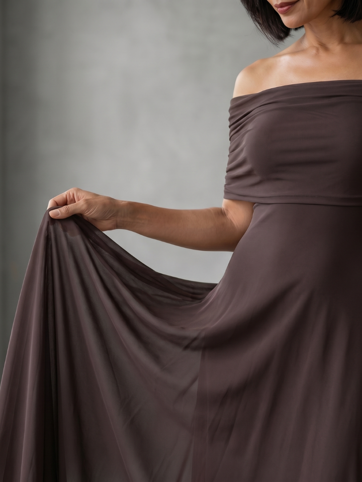 Eugenia | Vestido Midi Drapado con Hombros Descubiertos