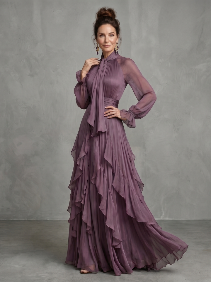Gabriela | Vestido Maxí Ruffle con Cuello de Lazo