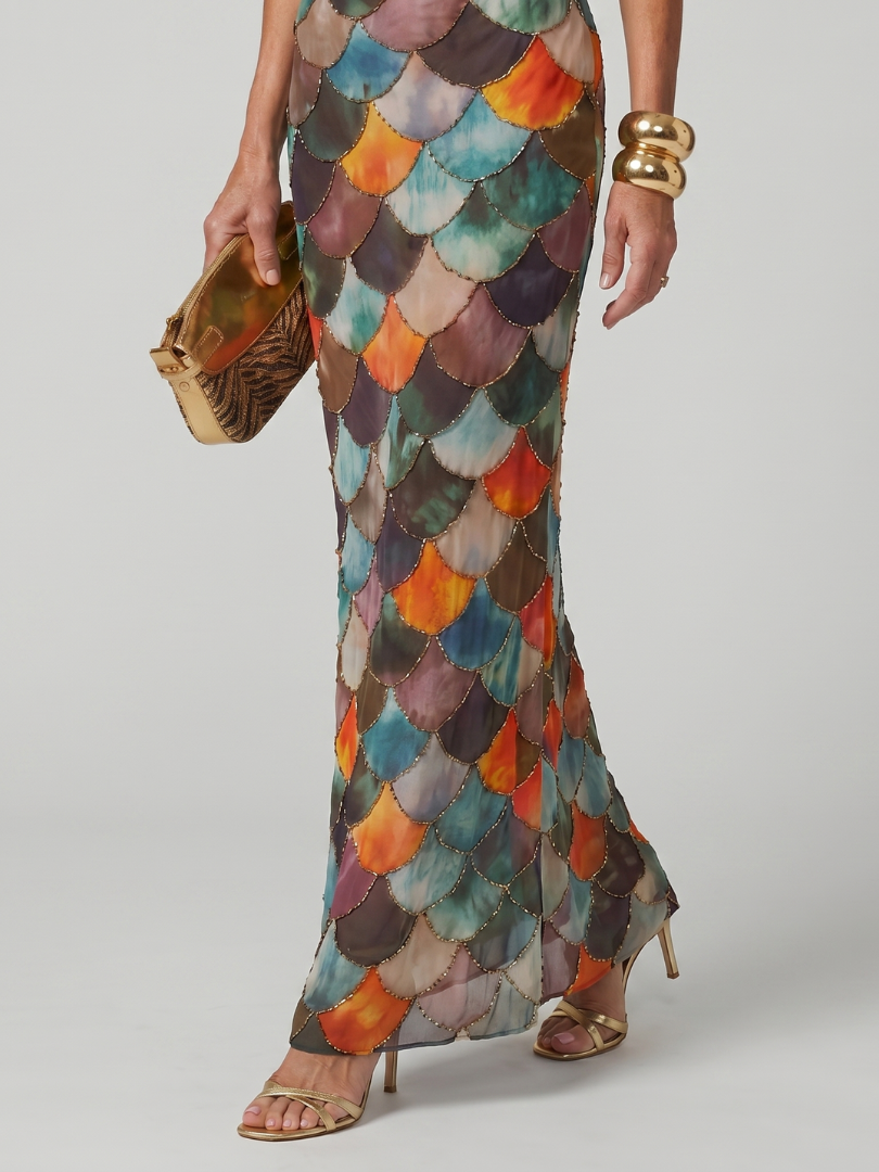 Catalina | Vestido Maxi de Patrón Escala Multicolor Ajustado