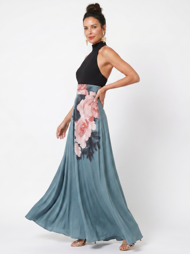 Ángela | Vestido Maxi de Falda Floral con Escote Halter