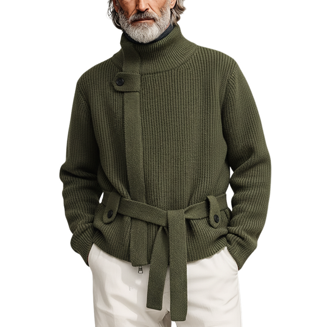 Cárdigan de punto clásico informal para hombre con cremallera, cuello alto y cinturón