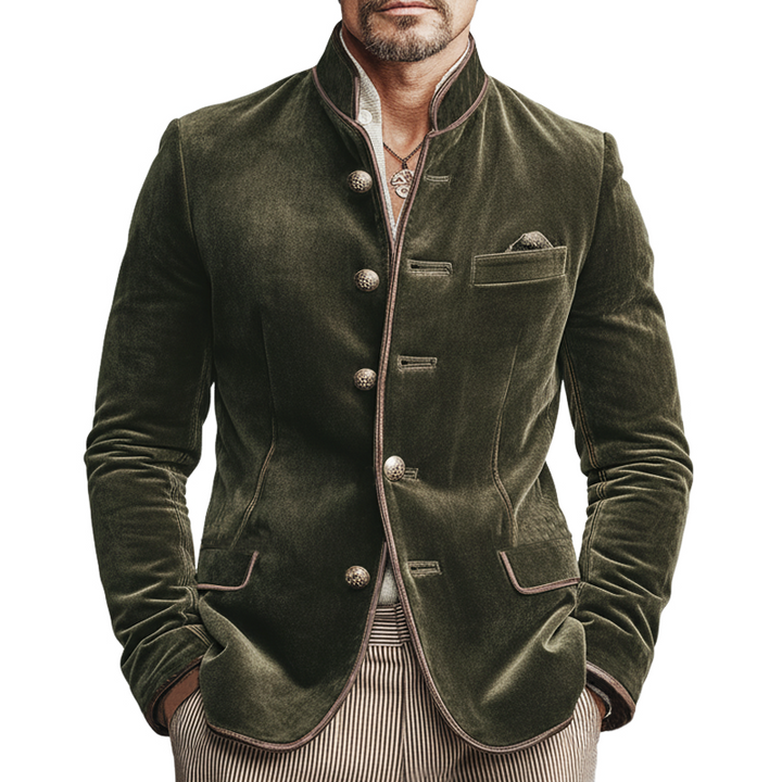 Men's Slim-Fit Vintage Velvet Jacket with Embroidered Lines and Stand Collar - MTA2262L3U