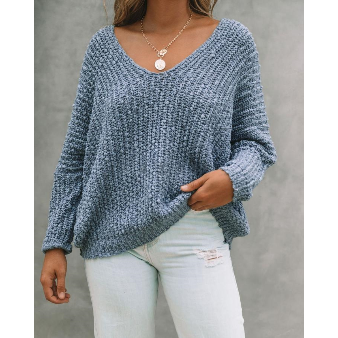 GABBY™ – Lightweight V-Neck Long Sleeve Sweater with Drop Shoulders