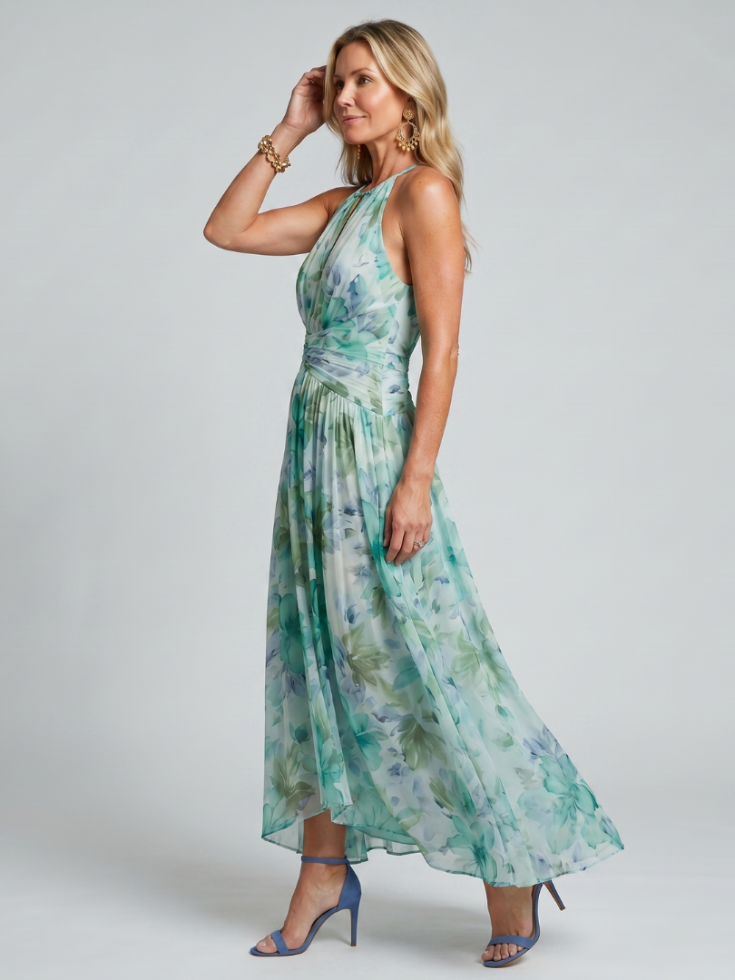 Adriana | Vestido Midi de Patrón Floral con Pliegues y Cuello Halter