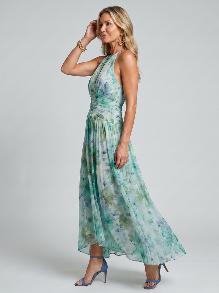 Adriana | Vestido Midi de Patrón Floral con Pliegues y Cuello Halter