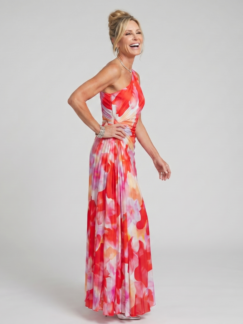 Mercedes | Vestido Midi con Cuerpo Plisado de Un Hombro
