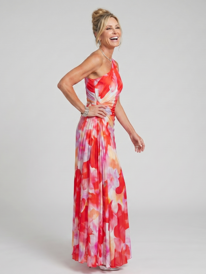 Mercedes | Vestido Midi con Cuerpo Plisado de Un Hombro