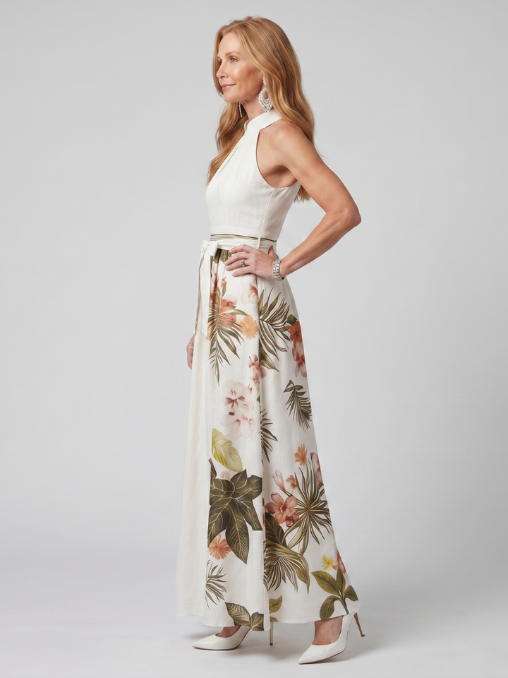 Almudena | Vestido Maxi Con Panel Botánico y Cuello Halter Drapado