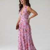 Teresa | Vestido Maxi Floral con Escote Halter y Cuerpo Fruncido